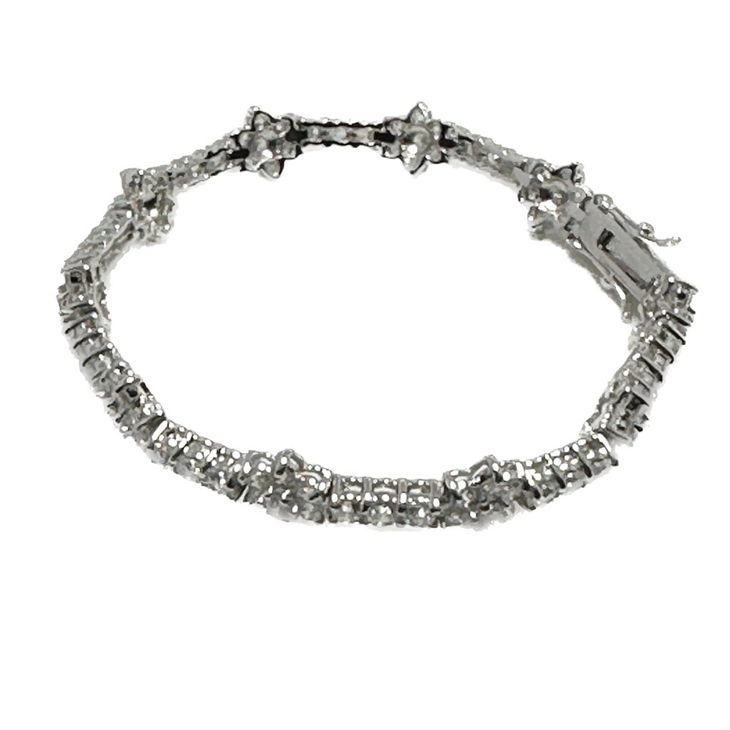 Sterling Silver (.925),Pave Crystal Flower Station Link Bracelet,